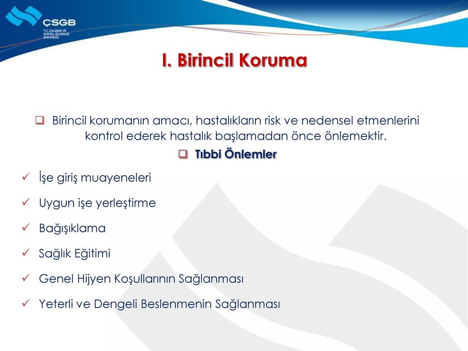 İşe giriş muayeneleri Uygun işe yerleştirme Bağışıklama Sağlık Eğitimi