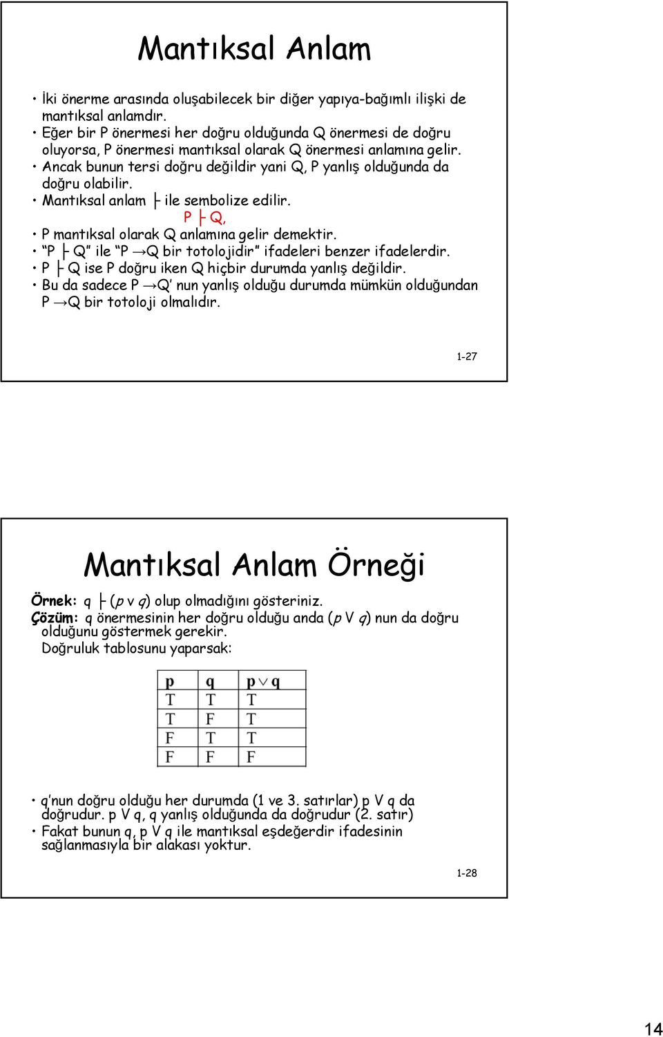 Ancak bunun tersi doğru değildir yani Q, P yanlış olduğunda da doğru olabilir. Mantıksal anlam ile sembolize edilir. P Q, P mantıksal olarak Q anlamına gelir demektir.