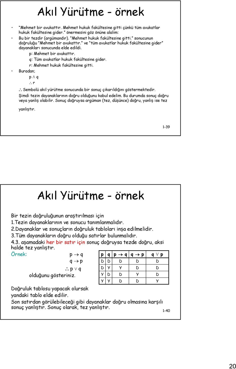 q: Tüm avukatlar hukuk fakültesine gider. r: Mehmet hukuk fakültesine gitti. Buradan; p q r Sembolü akıl yürütme sonucunda bir sonuç çıkarıldığını göstermektedir.