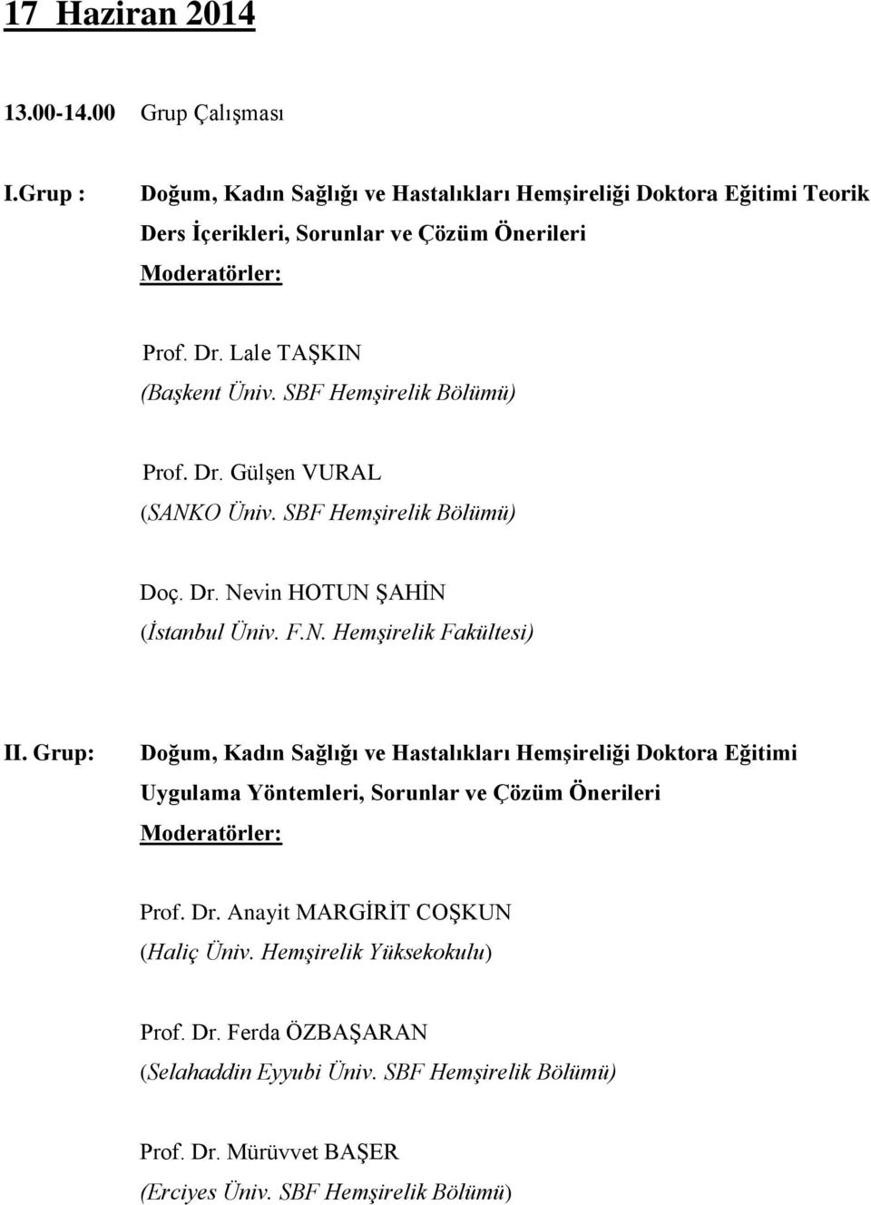 SBF Hemşirelik Bölümü) Prof. Dr. Gülşen VURAL (SANKO Üniv. SBF Hemşirelik Bölümü) Doç. Dr. Nevin HOTUN ŞAHİN (İstanbul Üniv. F.N. Hemşirelik Fakültesi) II.