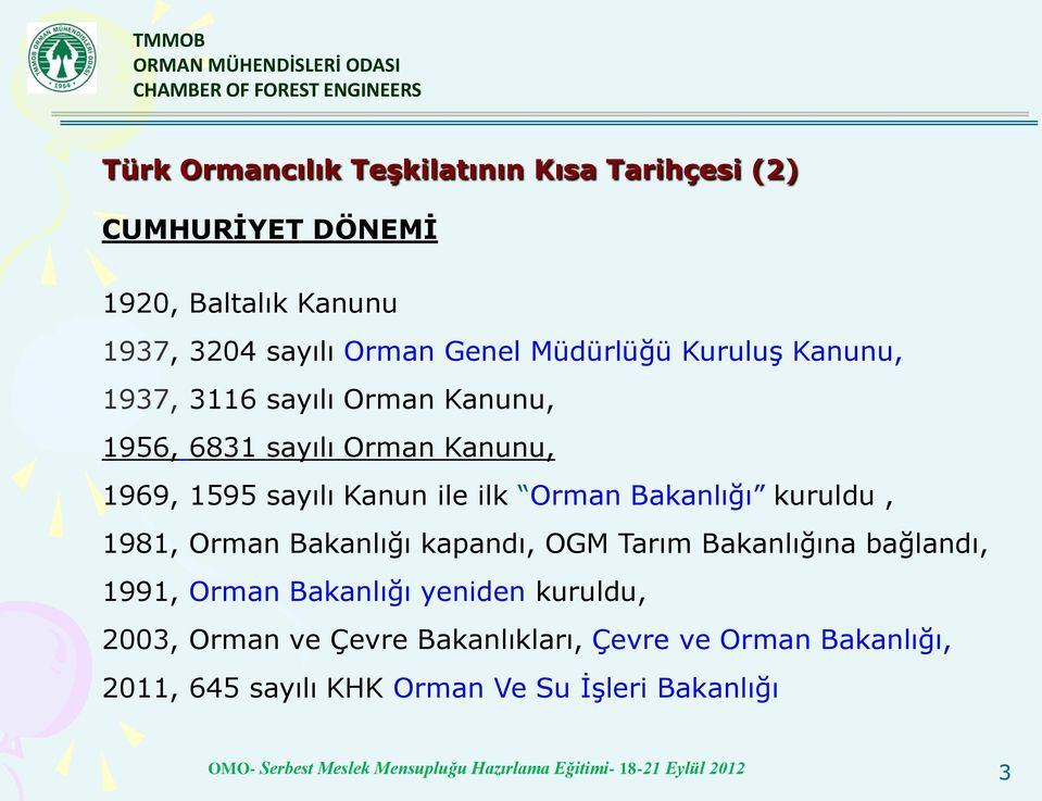 ilk Orman Bakanlığı kuruldu, 1981, Orman Bakanlığı kapandı, OGM Tarım Bakanlığına bağlandı, 1991, Orman Bakanlığı