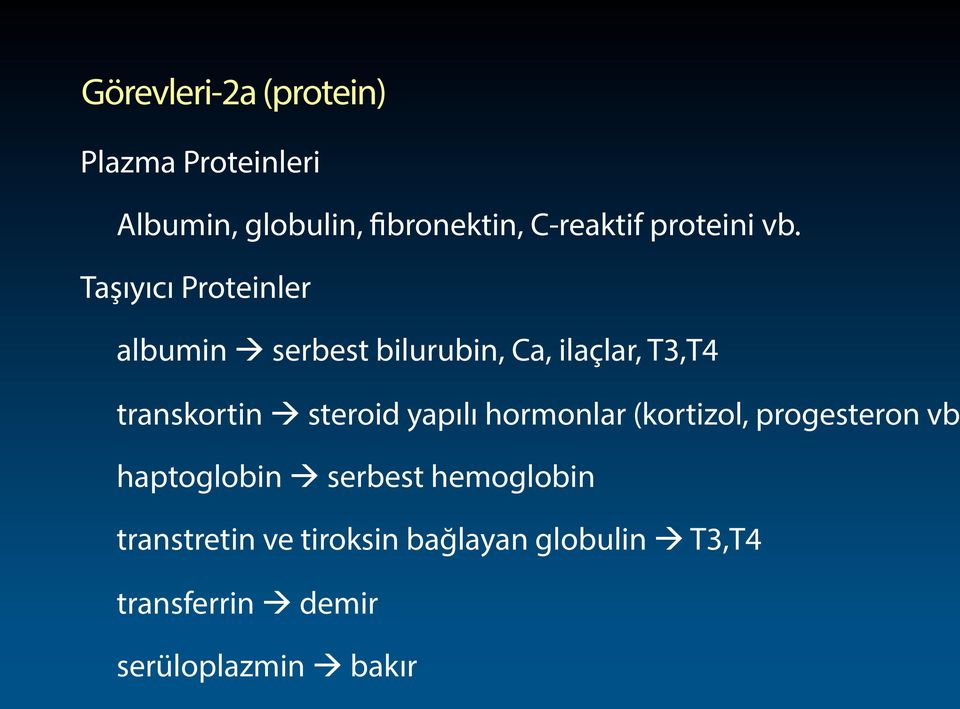 Taşıyıcı Proteinler albumin à serbest bilurubin, Ca, ilaçlar, T3,T4 transkortin à