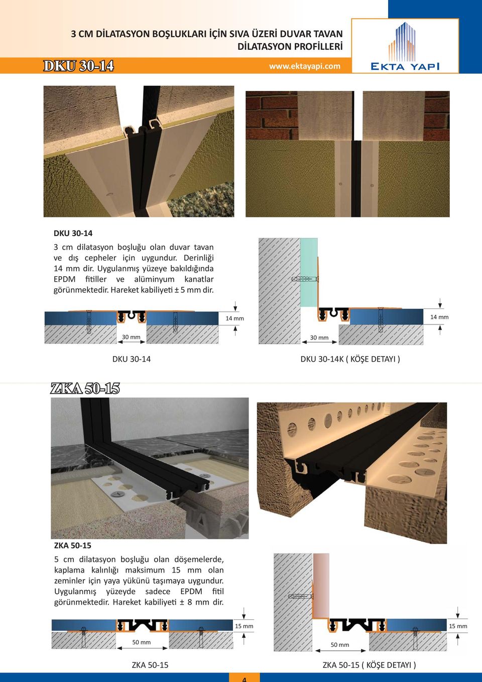 DKU 30-14 DKU 30-14K ( KÖŞE DETAYI ) ZKA 50-15 ZKA 50-15 5 cm dilatasyon boşluğu olan döşemelerde, kaplama kalınlığı maksimum 15 mm olan zeminler için yaya