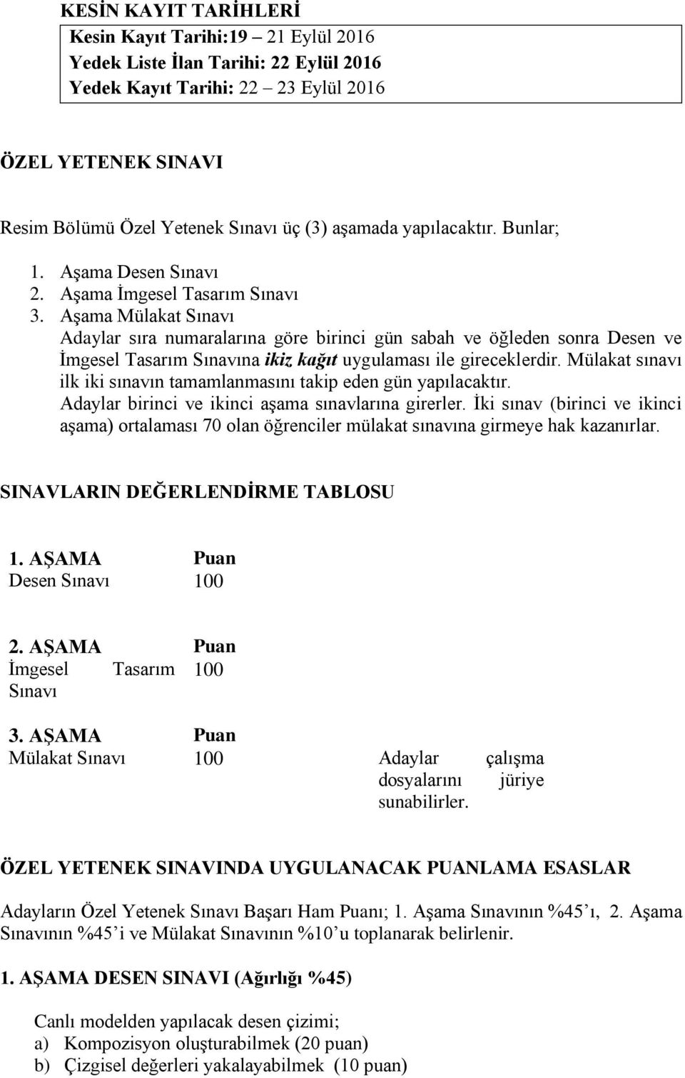 Aşama Mülakat Sınavı Adaylar sıra numaralarına göre birinci gün sabah ve öğleden sonra Desen ve İmgesel Tasarım Sınavına ikiz kağıt uygulaması ile gireceklerdir.