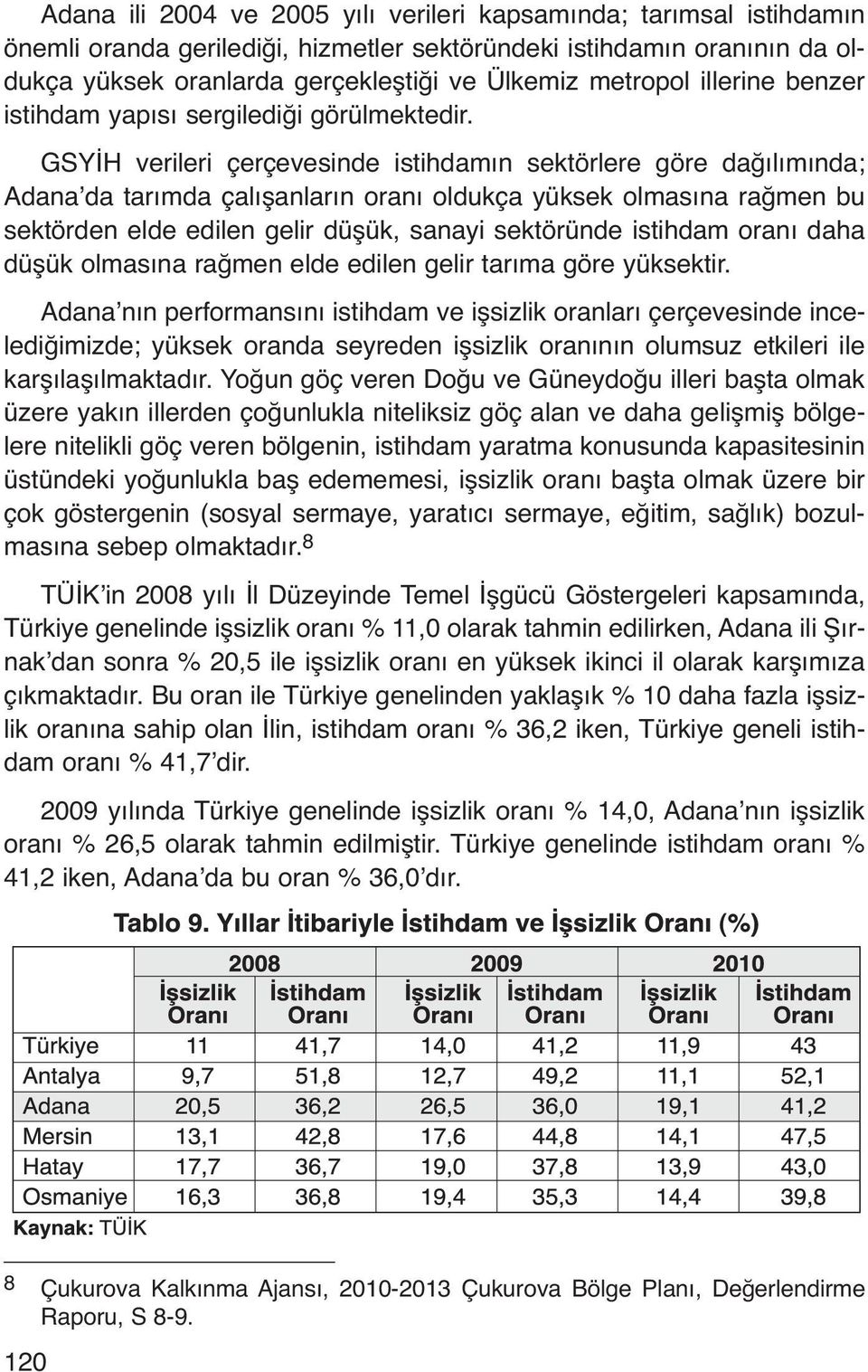 GSYİH verileri çerçevesinde istihdamın sektörlere göre dağılımında; Adana da tarımda çalışanların oranı oldukça yüksek olmasına rağmen bu sektörden elde edilen gelir düşük, sanayi sektöründe istihdam