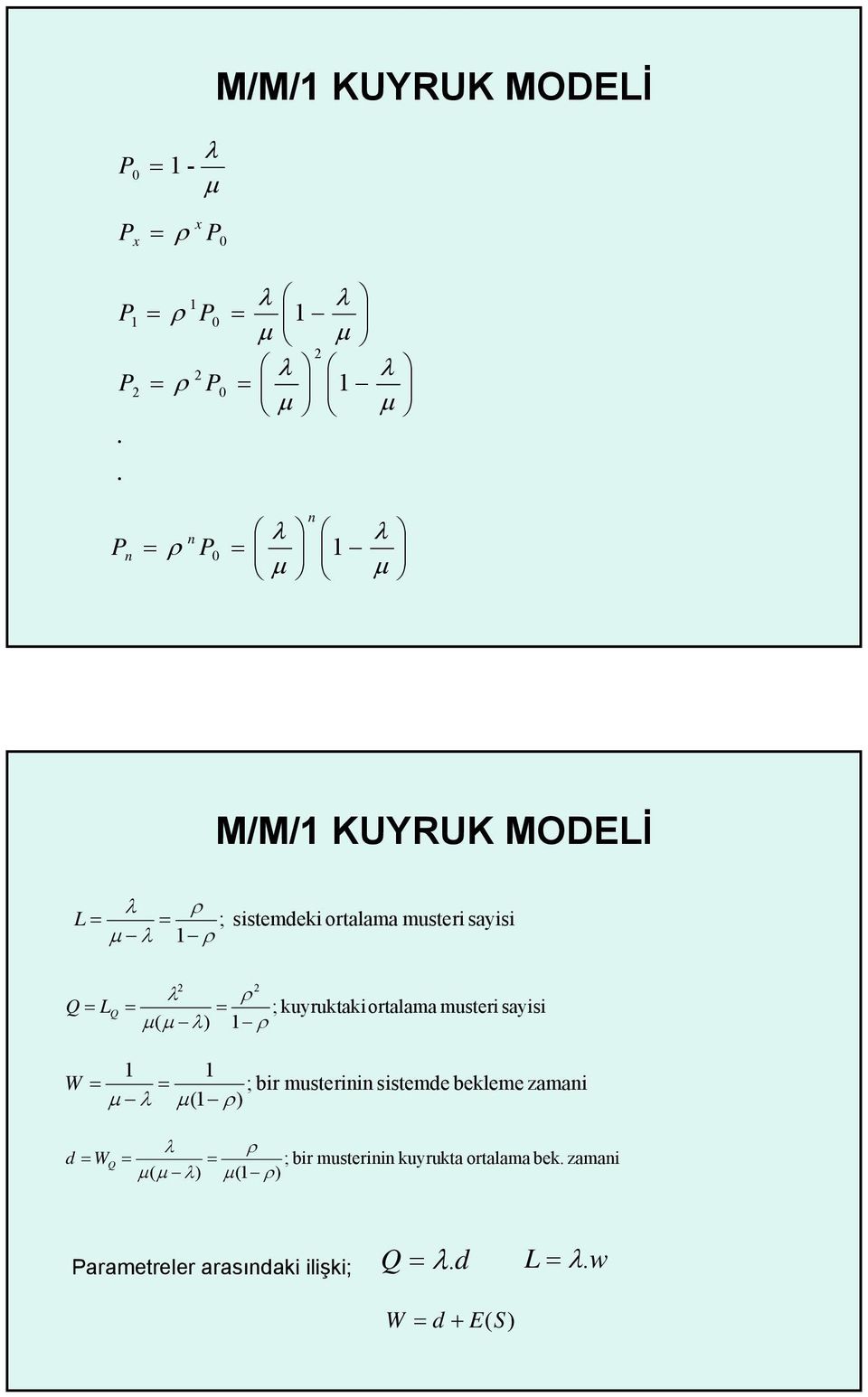 kuyruktakiortalama musteri sayisi µ ( µ λ) 1 ρ 1 1 W = = ; bir musterinin sistemde bekleme zamani µ λ µ (1 ρ) d = W Q