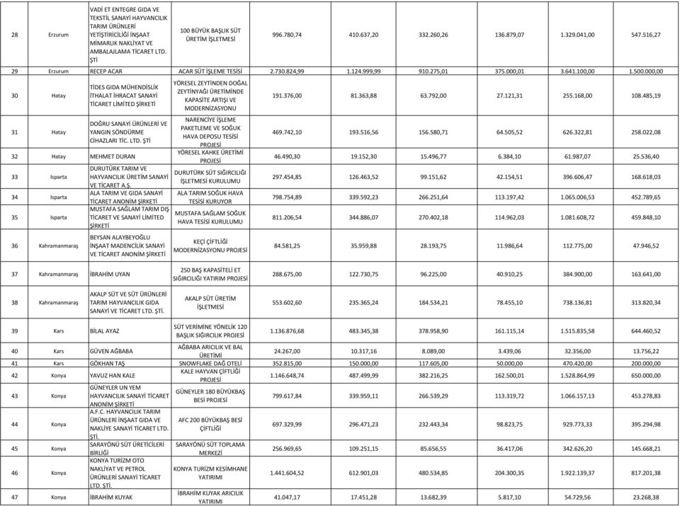 000,00 1 30 Hatay 1 31 Hatay TİDES GIDA MÜHENDİSLİK İTHALAT İHRACAT SANAYİ DOĞRU SANAYİ ÜRÜNLERİ VE YANGIN SÖNDÜRME CİHAZLARI TİC. LTD.