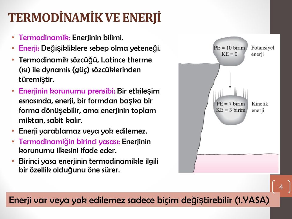 Enerjinin korunumu prensibi: Bir etkileşim esnasında, enerji, bir formdan başka bir forma dönüşebilir, ama enerjinin toplam miktarı, sabit kalır.