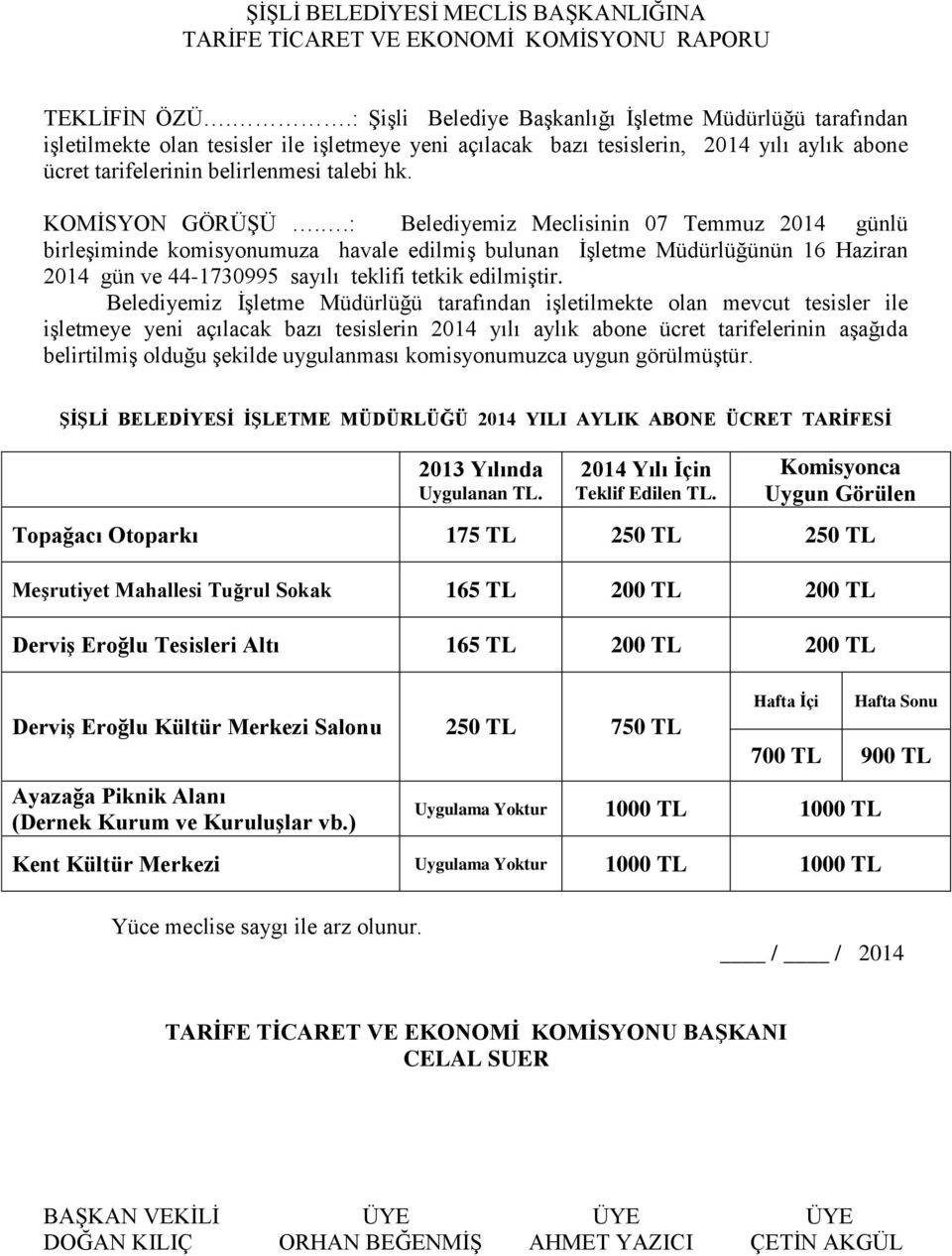 KOMİSYON GÖRÜŞÜ..: Belediyemiz Meclisinin 07 Temmuz 2014 günlü birleşiminde komisyonumuza havale edilmiş bulunan İşletme Müdürlüğünün 16 Haziran 2014 gün ve 44-1730995 sayılı teklifi tetkik edilmiştir.