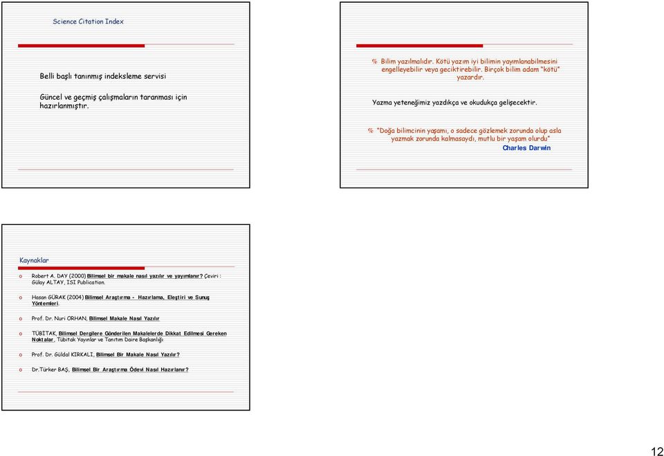 % Dğa bilimcinin yaşamı, sadece gözlemek zrunda lup asla yazmak zrunda kalmasaydı, mutlu bir yaşam lurdu Charles Darwin Kaynaklar Rbert A. DAY (2000) Bilimsel bir makale nasıl yazılır ve yayımlanır?