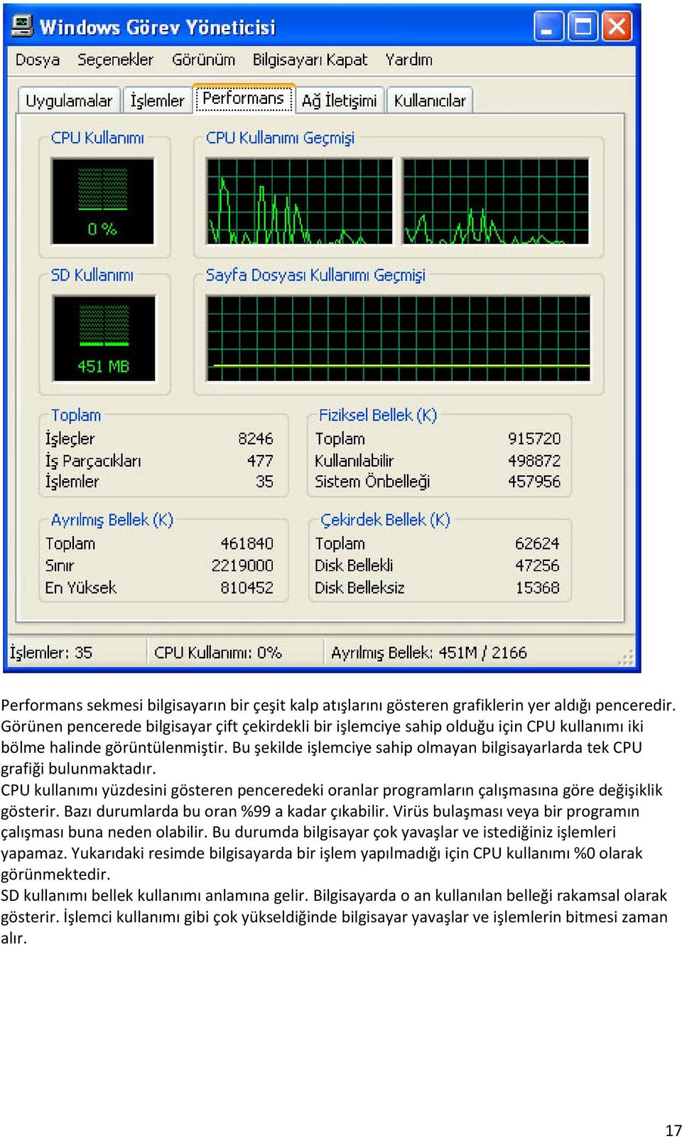 Bu şekilde işlemciye sahip olmayan bilgisayarlarda tek CPU grafiği bulunmaktadır. CPU kullanımı yüzdesini gösteren penceredeki oranlar programların çalışmasına göre değişiklik gösterir.
