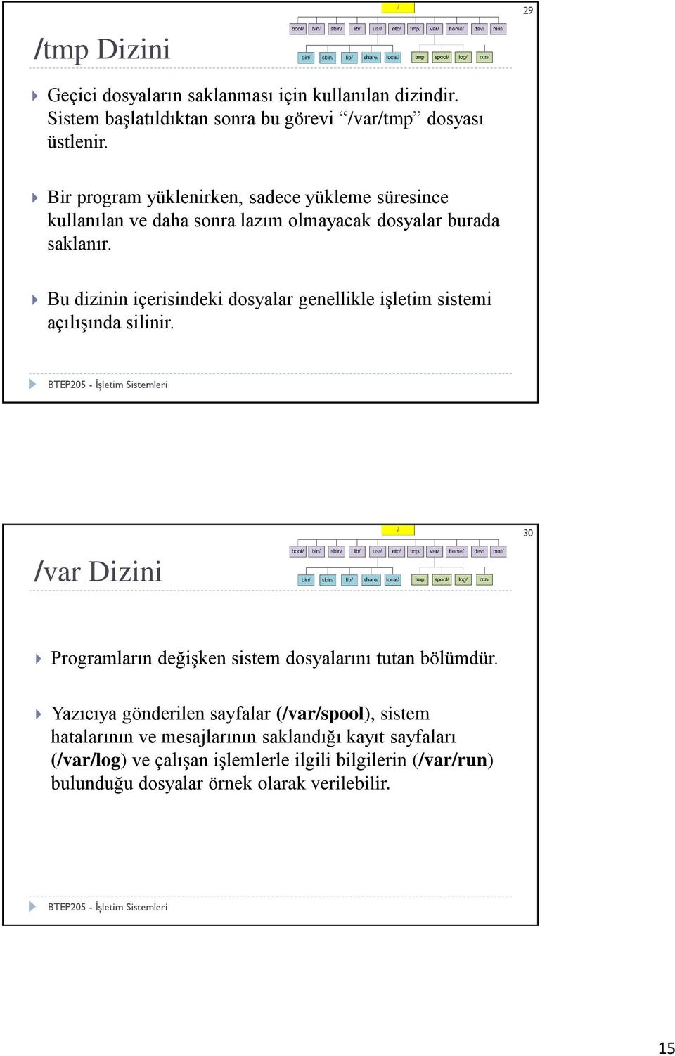 Bu dizinin içerisindeki dosyalar genellikle işletim sistemi açılışında silinir. /var Dizini 30 Programların değişken sistem dosyalarını tutan bölümdür.