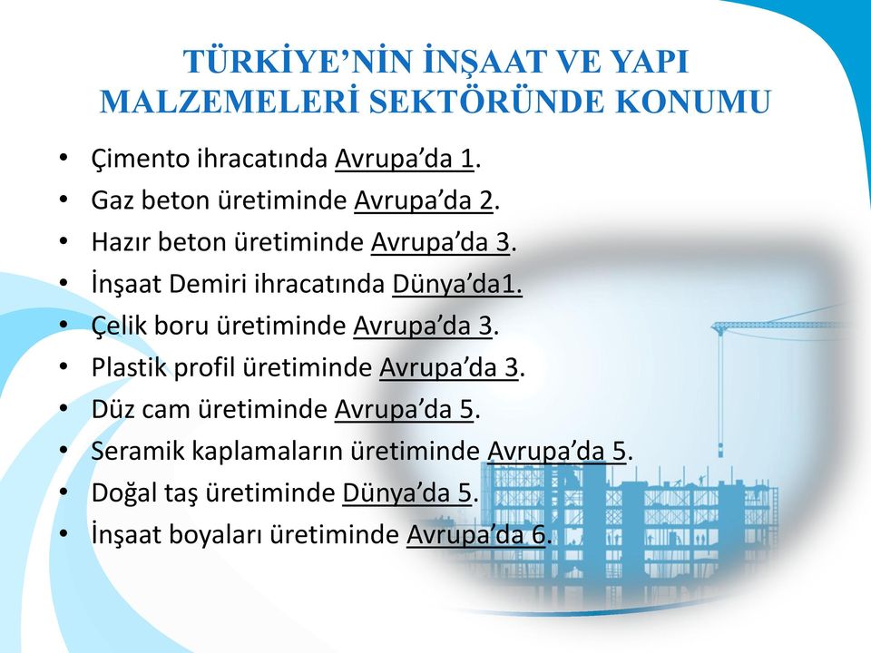 İnşaat Demiri ihracatında Dünya da1. Çelik boru üretiminde Avrupa da 3.