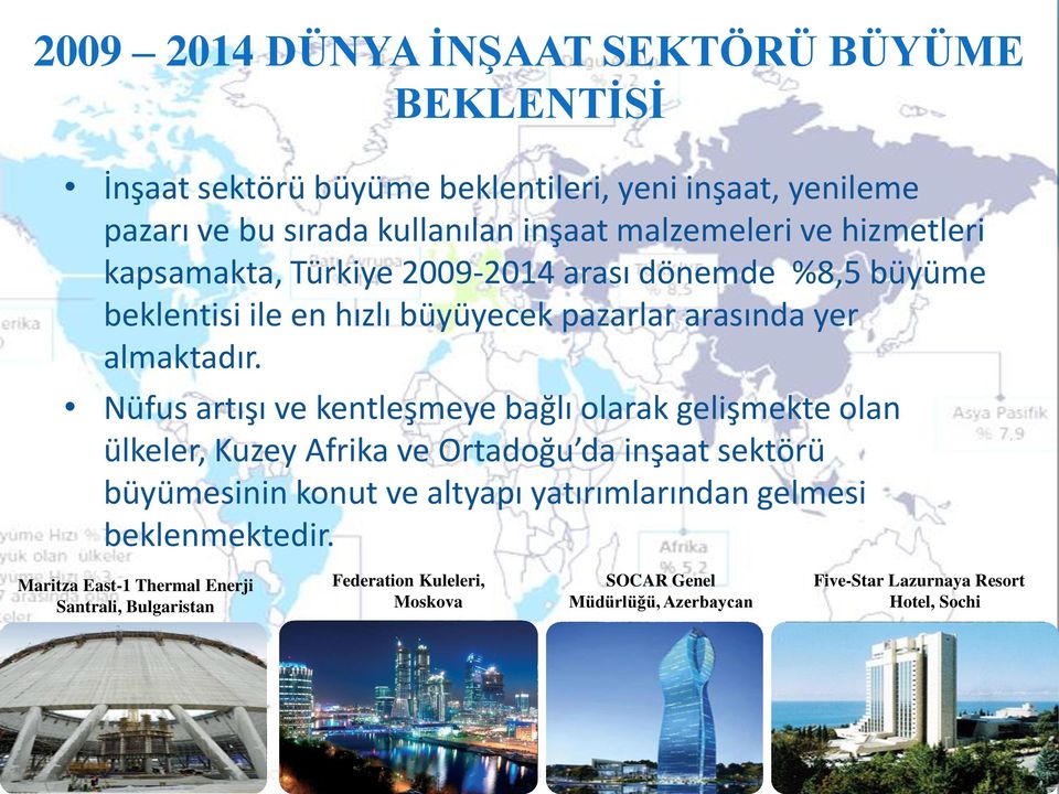 Nüfus artışı ve kentleşmeye bağlı olarak gelişmekte olan ülkeler, Kuzey Afrika ve Ortadoğu da inşaat sektörü büyümesinin konut ve altyapı yatırımlarından