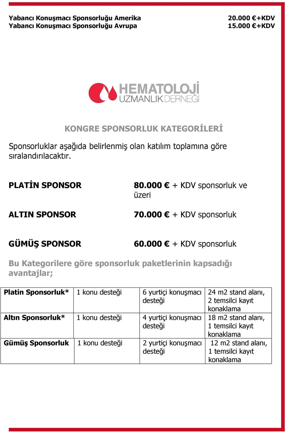 000 + KDV sponsorluk ve üzeri 70.000 + KDV sponsorluk GÜMÜġ SPONSOR 60.