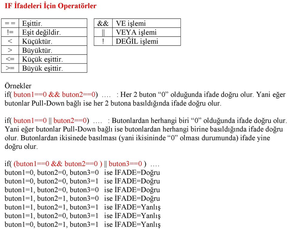 : Butonlardan herhangi biri 0 olduğunda ifade doğru olur. Yani eğer butonlar Pull-Down bağlı ise butonlardan herhangi birine basıldığında ifade doğru olur.