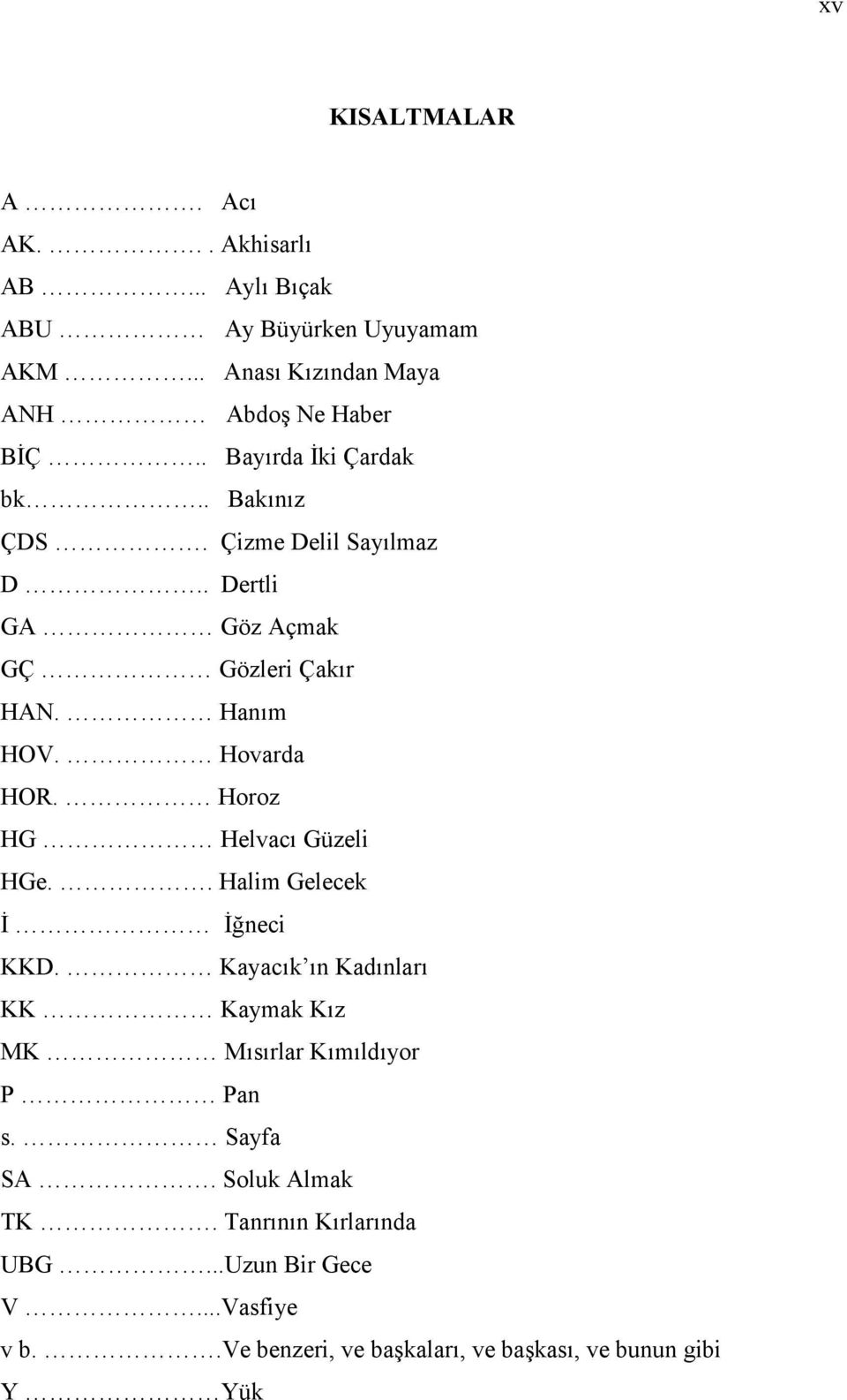 Horoz HG Helvacı Güzeli HGe.. Halim Gelecek İ İğneci KKD. Kayacık ın Kadınları KK Kaymak Kız MK Mısırlar Kımıldıyor P Pan s.