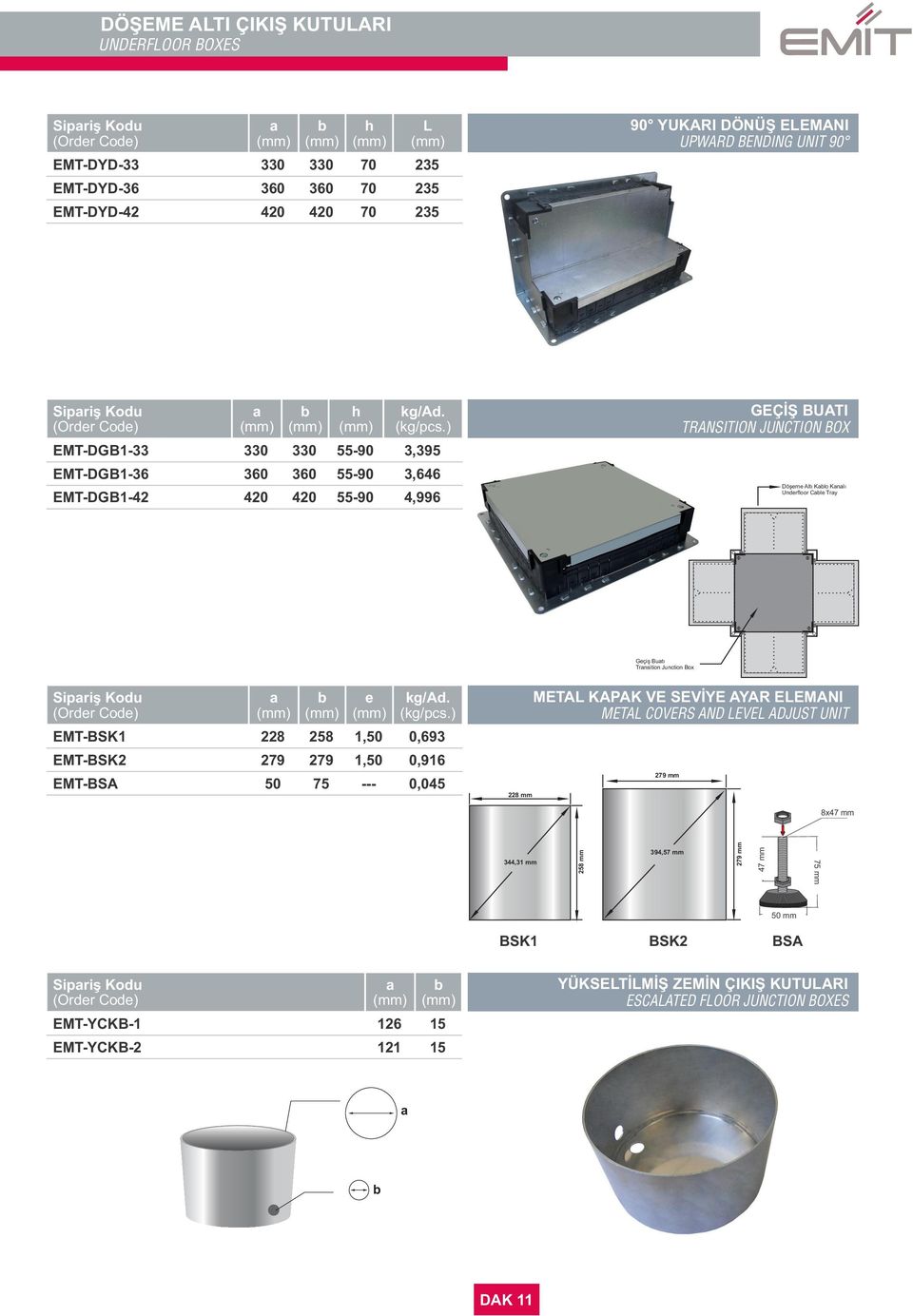 Trnsition Junction Box Sipriş Kodu e EMT-BSK1 228 258 1,50 0,693 EMT-BSK2 279 279 1,50 0,916 EMT-BSA 50 75 --- 0,045 228 mm METAL KAPAK VE SEVİYE AYAR ELEMANI METAL COVERS AND LEVEL ADJUST