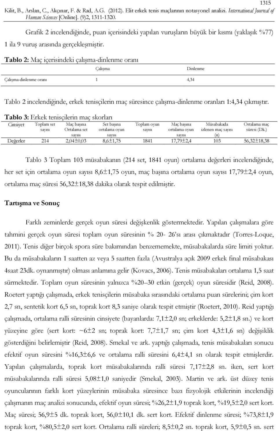 Tablo 3: Erkek tenisçilerin maç skorları Cinsiyet Toplam set sayısı Maç başına Ortalama set sayısı Set başına ortalama oyun sayısı Toplam oyun sayısı Maç başına ortalama oyun sayısı Müsabakada