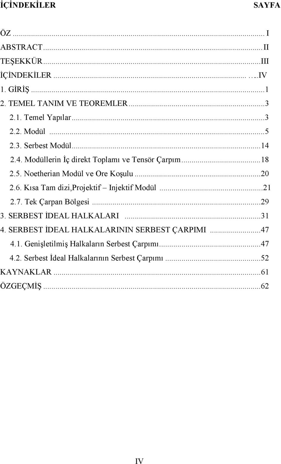 Kısa Tam dizi,projektif Injektif Modül... 21 2.7. Tek Çarpan Bölgesi... 29 3. SERBEST İDEAL HALKALARI... 31 4.