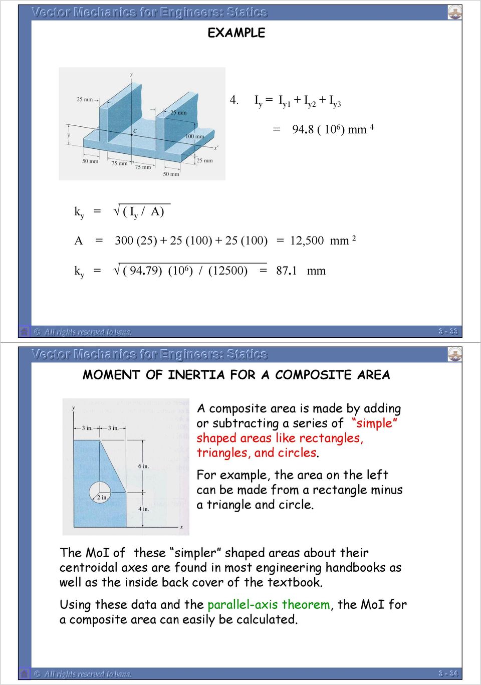 can be made from a rectangle minus a triangle and circle The MoI of these simpler shaped areas about their centroidal axes are found in most engineering handbooks as well