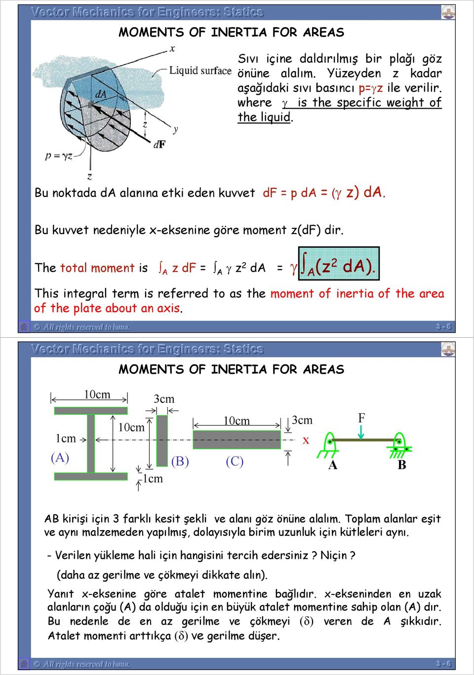 of the area of the plate about an axis All rights reserved to bana -- 55 MOMENTS OF INERTIA FOR AREAS 10cm cm 1cm (A) 10cm 1cm (B) 10cm (C) cm x A F B AB kirişi için farklı kesit şekli ve alanı göz