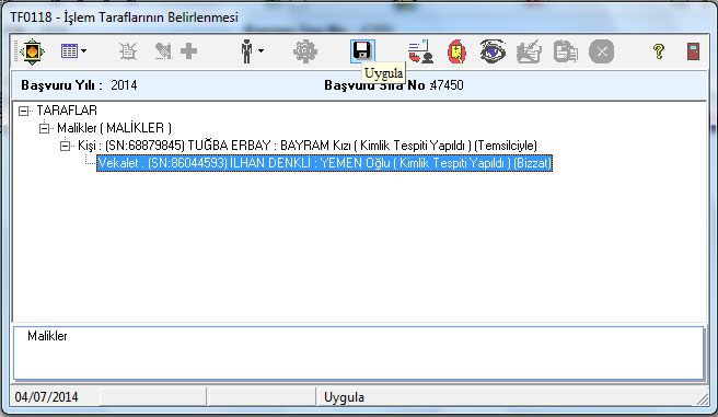 ''İşlem Taraflarının Belirlenmesi'' ekranında kişilere ait kimlik bilgisi girişi tamamlanmış ise butonu ile