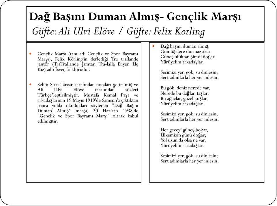 Mustafa Kemal Paşa ve arkadaşlarının 19 Mayıs 1919'de Samsun'a çıktıktan sonra yolda okudukları söylenen "Dağ Başını Duman Almış" marşı, 20 Haziran 1938'de "Gençlik ve Spor Bayramı Marşı" olarak