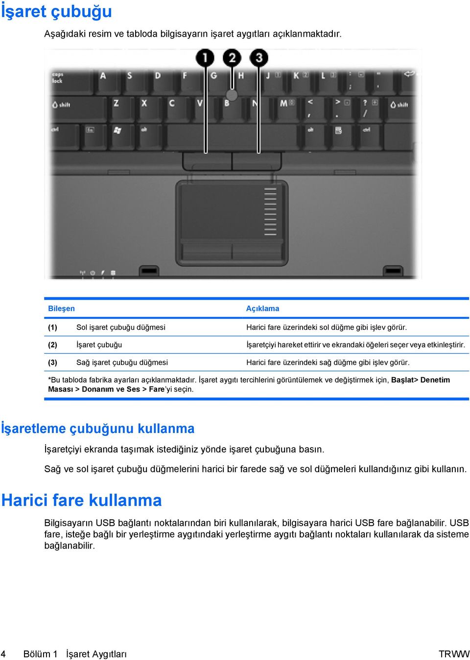 *Bu tabloda fabrika ayarları açıklanmaktadır. İşaret aygıtı tercihlerini görüntülemek ve değiştirmek için, Başlat> Denetim Masası > Donanım ve Ses > Fare yi seçin.