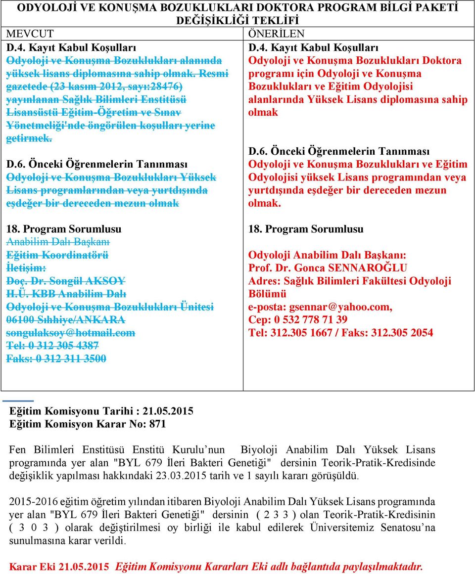 Resmi programı için Odyoloji ve Konuşma gazetede (23 kasım 2012, sayı:28476) Bozuklukları ve Eğitim Odyolojisi yayınlanan Sağlık Bilimleri Enstitüsü alanlarında Yüksek Lisans diplomasına sahip