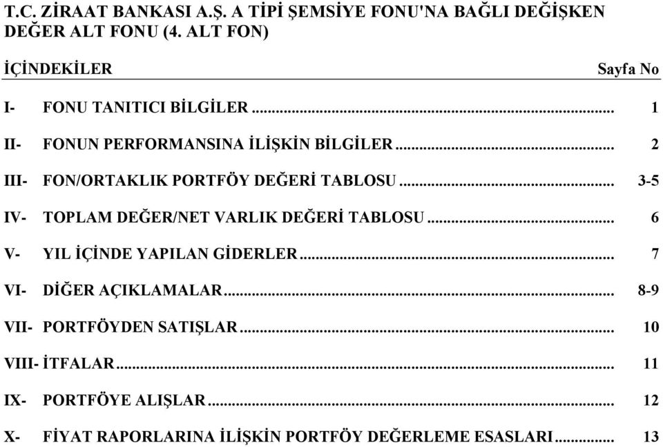 .. 6 V- YIL İÇİNDE YAPILAN GİDERLER... 7 VI- DİĞER AÇIKLAMALAR... 8-9 VII- PORTFÖYDEN SATIŞLAR.