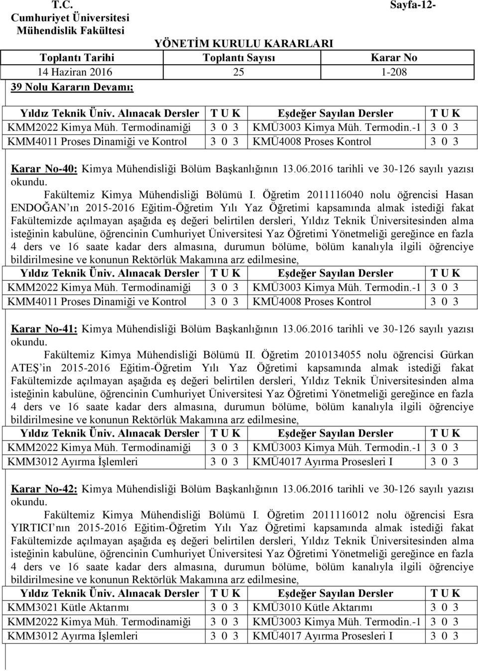 Öğretim 2011116040 nolu öğrencisi Hasan ENDOĞAN ın 2015-2016 Eğitim-Öğretim Yılı Yaz Öğretimi kapsamında almak istediği fakat KMM4011 Proses Dinamiği ve Kontrol 3 0 3 KMÜ4008 Proses Kontrol 3 0 3