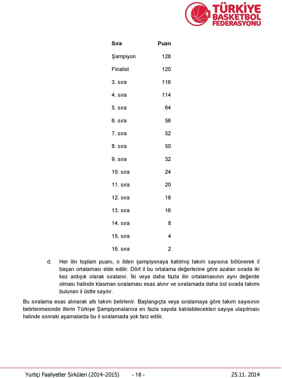 İki veya daha fazla ilin ortalamasının aynı değerde olması halinde klasman sıralaması esas alınır ve sıralamada daha üst sırada takımı bulunan il üstte sayılır.