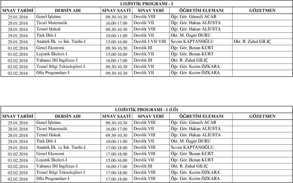 Gör. Benan KURT 01.02.2016 Lojistik İlkeleri-I 15.00-16.00 Derslik VII Öğr. Gör. Benan KURT 02.02.2016 Temel Bilgi Teknolojileri-I 09.30-10.30 Derslik VII Öğr. Gör. Kerim ÖZKARA 02.02.2016 Ofis Programları-I 09.