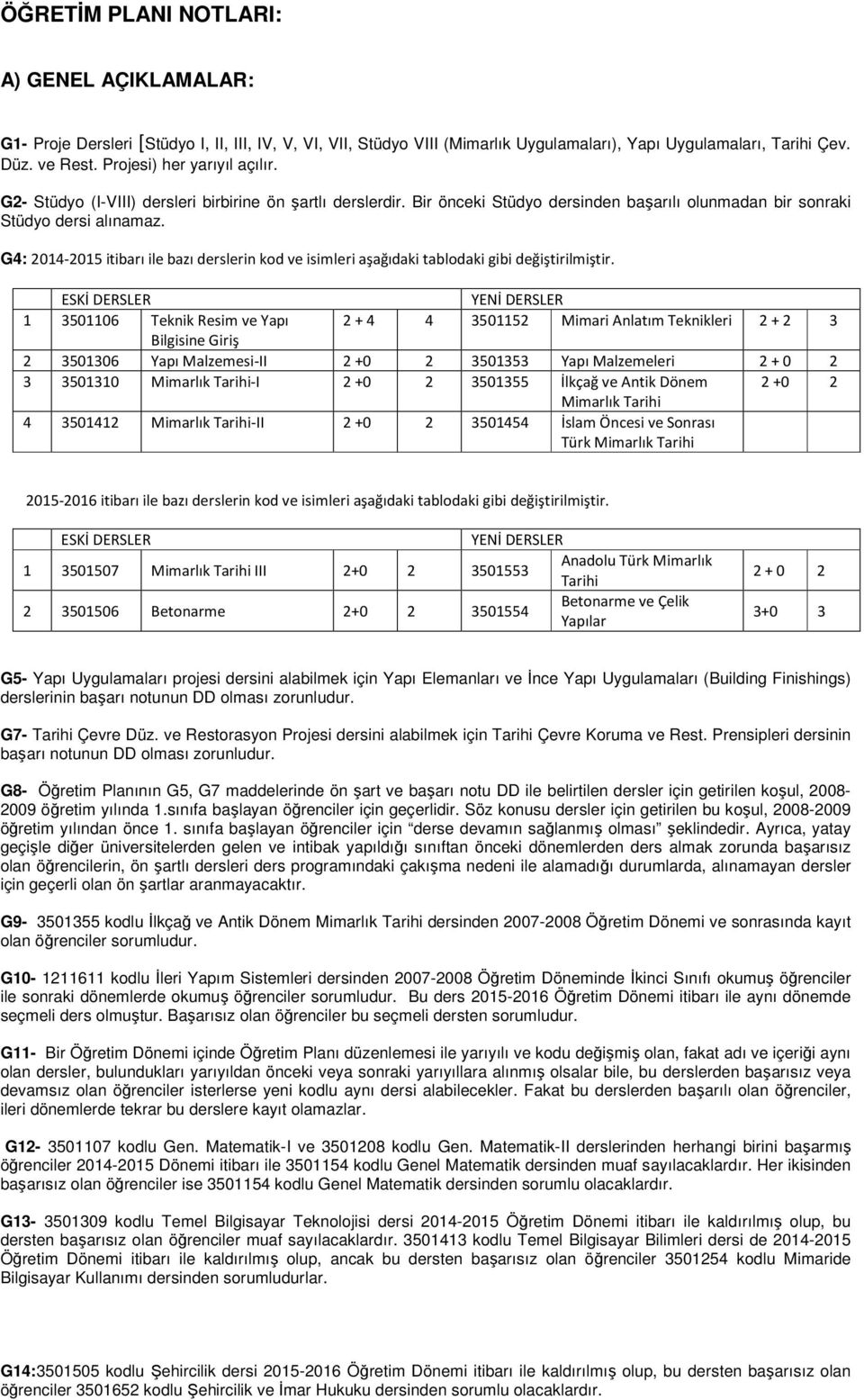 G4: 014-015 itibarı ile bazı derslerin kod ve isimleri aşağıdaki tablodaki gibi değiştirilmiştir.