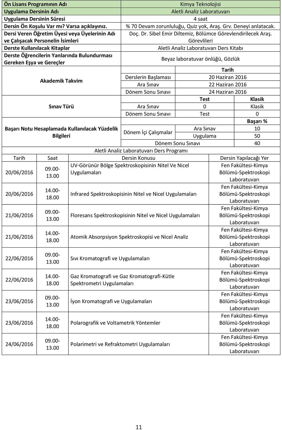 Türü Başarı Notu Hesaplamada Kullanılacak Yüzdelik Bilgileri Kimya Teknolojisi Aletli Analiz 4 saat % 70 Devam zorunluluğu, Quiz yok, Araş. Grv. Deneyi anlatacak. Doç. Dr.