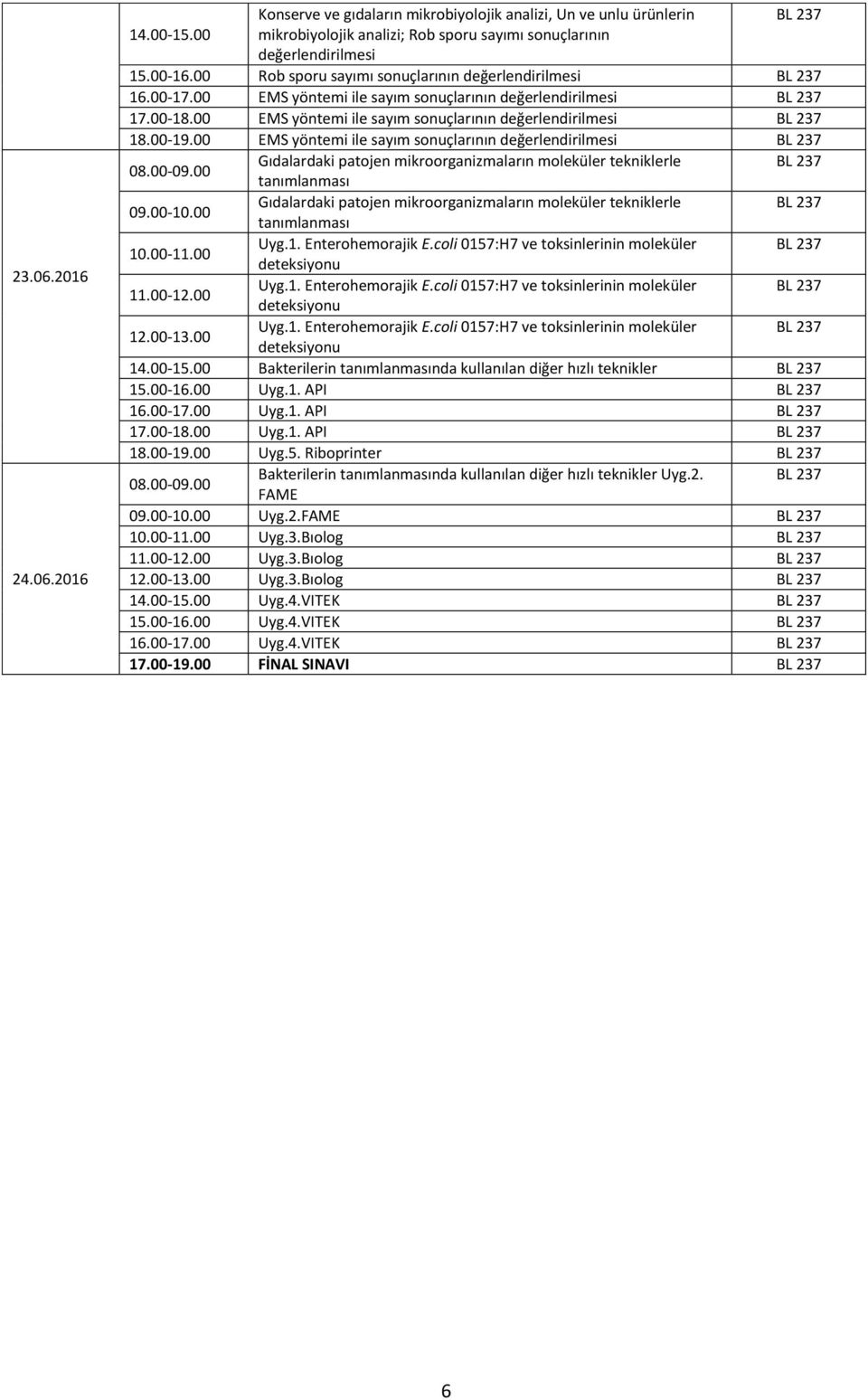 00 EMS yöntemi ile sayım sonuçlarının değerlendirilmesi Gıdalardaki patojen mikroorganizmaların moleküler tekniklerle tanımlanması Gıdalardaki patojen mikroorganizmaların moleküler tekniklerle