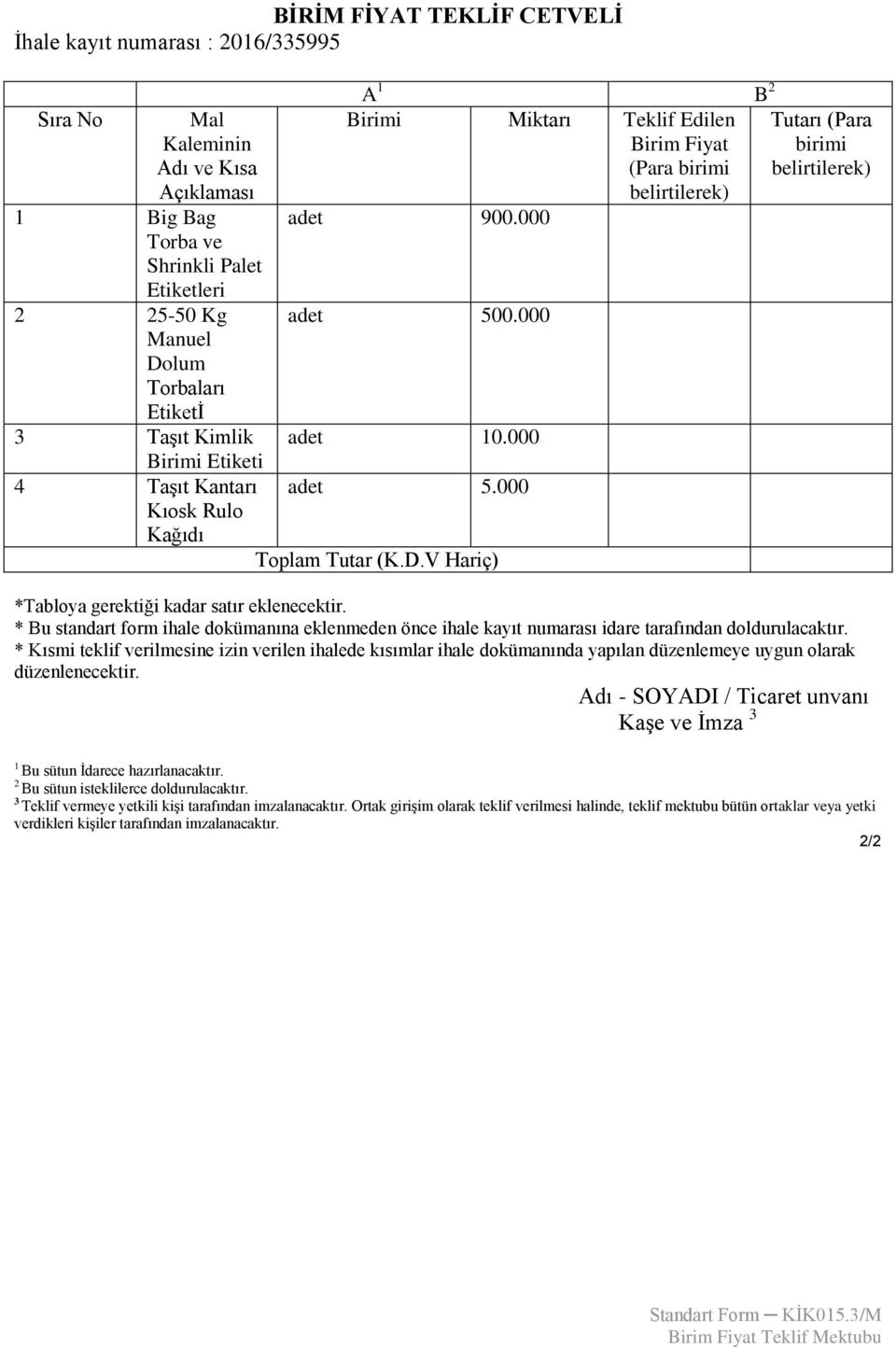 000 adet 10.000 adet 5.000 Toplam Tutar (K.D.V Hariç) *Tabloya gerektiği kadar satır eklenecektir.