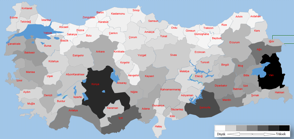 İnek sütü üretiminin yaklaşık % 23 ü İzmir, Konya, Balıkesir, Erzurum, Kars illerinde yapılmakta olup, manda sütü üretiminde ise Samsun, İstanbul, Diyarbakır, Bitlis, Tokat, Muş illeri yaklaşık %50