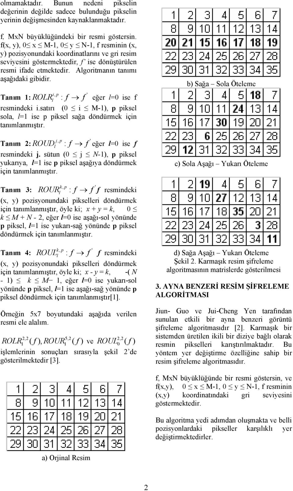 ip, Tanım 1: ROLRl : f f eğer l=0 ise f resmindeki i.satırı (0 i M-1), p piksel sola, l=1 ise p piksel sağa döndürmek için tanımlanmıştır. j, p Tanım 2: ROUDl : f f eğer l=0 ise f resmindeki j.