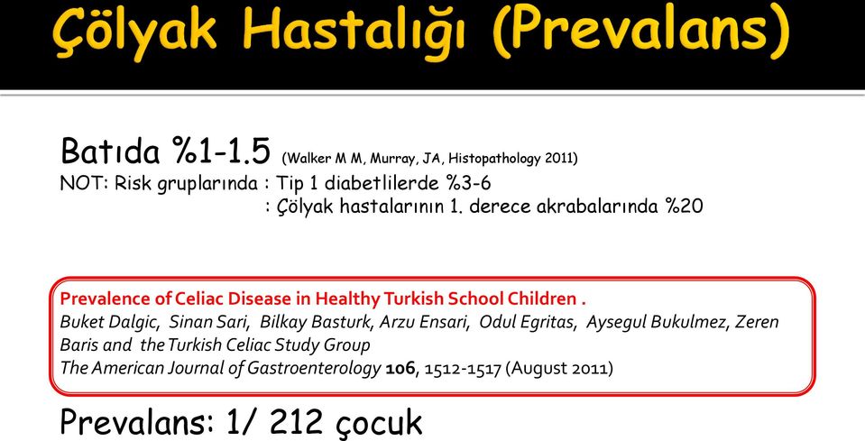 hastalarının 1. derece akrabalarında %20 Prevalence of Celiac Disease in Healthy Turkish School Children.