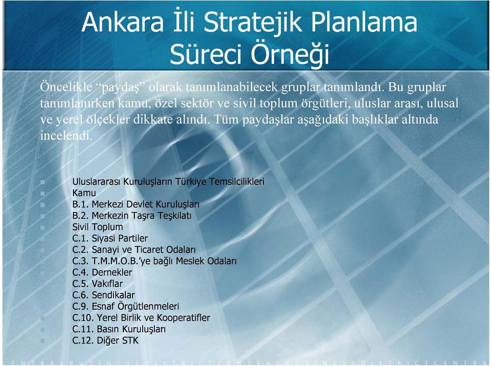 Tüm paydaşlar aşağıdaki başlıklar altında incelendi. Uluslararası Kuruluşların Türkiye Temsilcilikleri Kamu B.1. Merkezi Devlet Kuruluşları B.2.