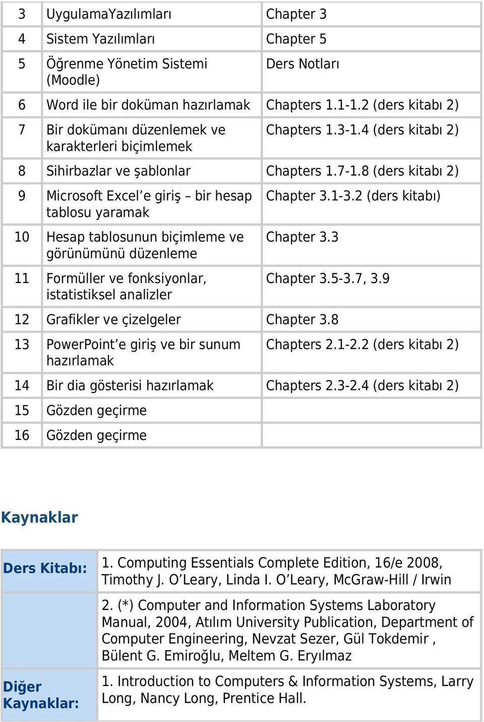 8 (ders kitabı 2) 9 Microsoft Excel e giriş bir hesap tablosu yaramak 10 Hesap tablosunun biçimleme ve görünümünü düzenleme 11 Formüller ve fonksiyonlar, istatistiksel analizler Chapter 3.1-3.