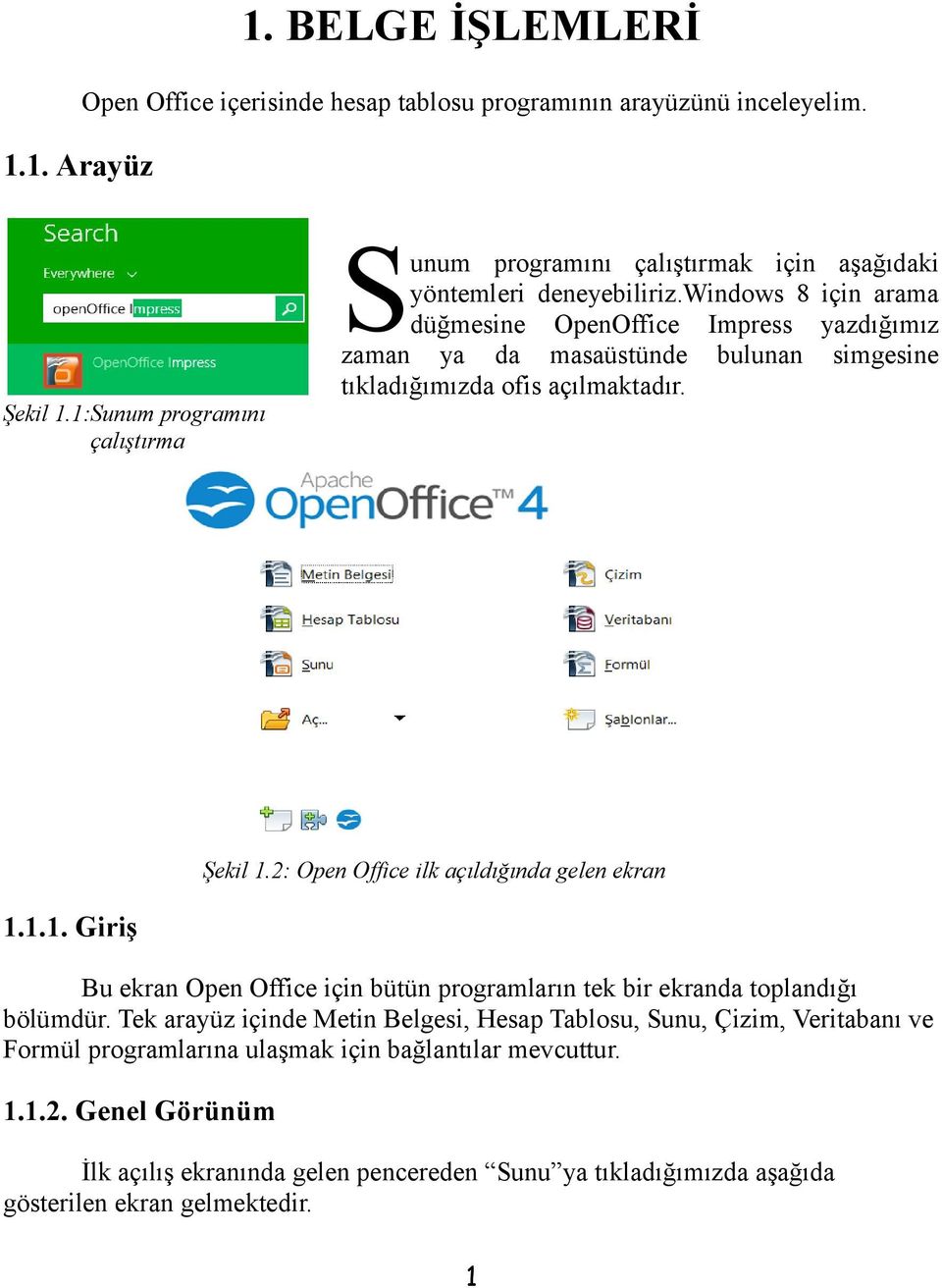 windows 8 için arama düğmesine OpenOffice Impress yazdığımız zaman ya da masaüstünde bulunan simgesine tıkladığımızda ofis açılmaktadır. Şekil 1.