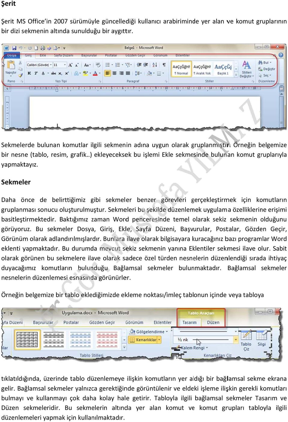 .) ekleyeceksek bu işlemi Ekle sekmesinde bulunan komut gruplarıyla yapmaktayız.