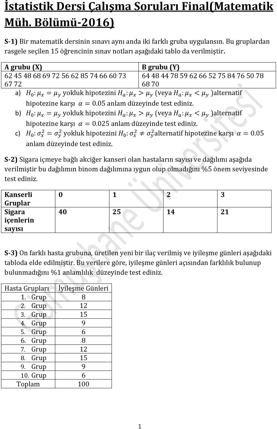 A grubu (X) B grubu (Y) 62 45 48 68 69 72 56 62 85 74 66 60 73 64 48 44 78 59 62 66 52 75 84 76 50 78 67 72 68 70 a) : = yokluk hipotezini : > (veya : < )alternatif hipotezine karşı =.