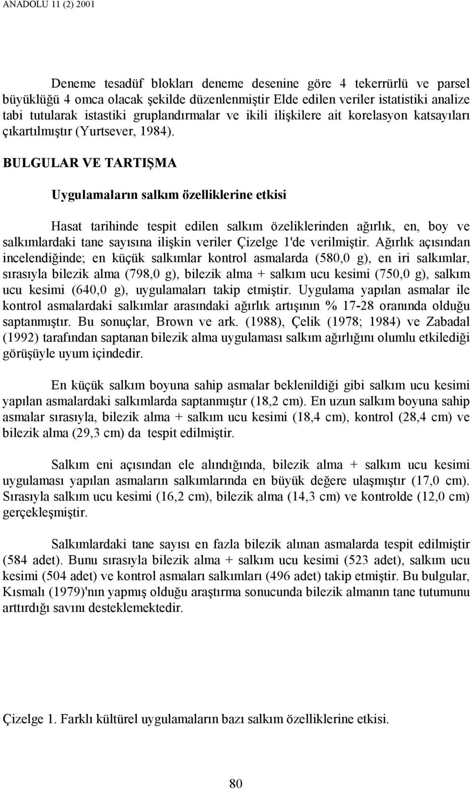 BULGULAR VE TARTIŞMA Uygulamaların salkım özelliklerine etkisi Hasat tarihinde tespit edilen salkım özeliklerinden ağırlık, en, boy ve salkımlardaki tane sayısına ilişkin veriler Çizelge 1'de