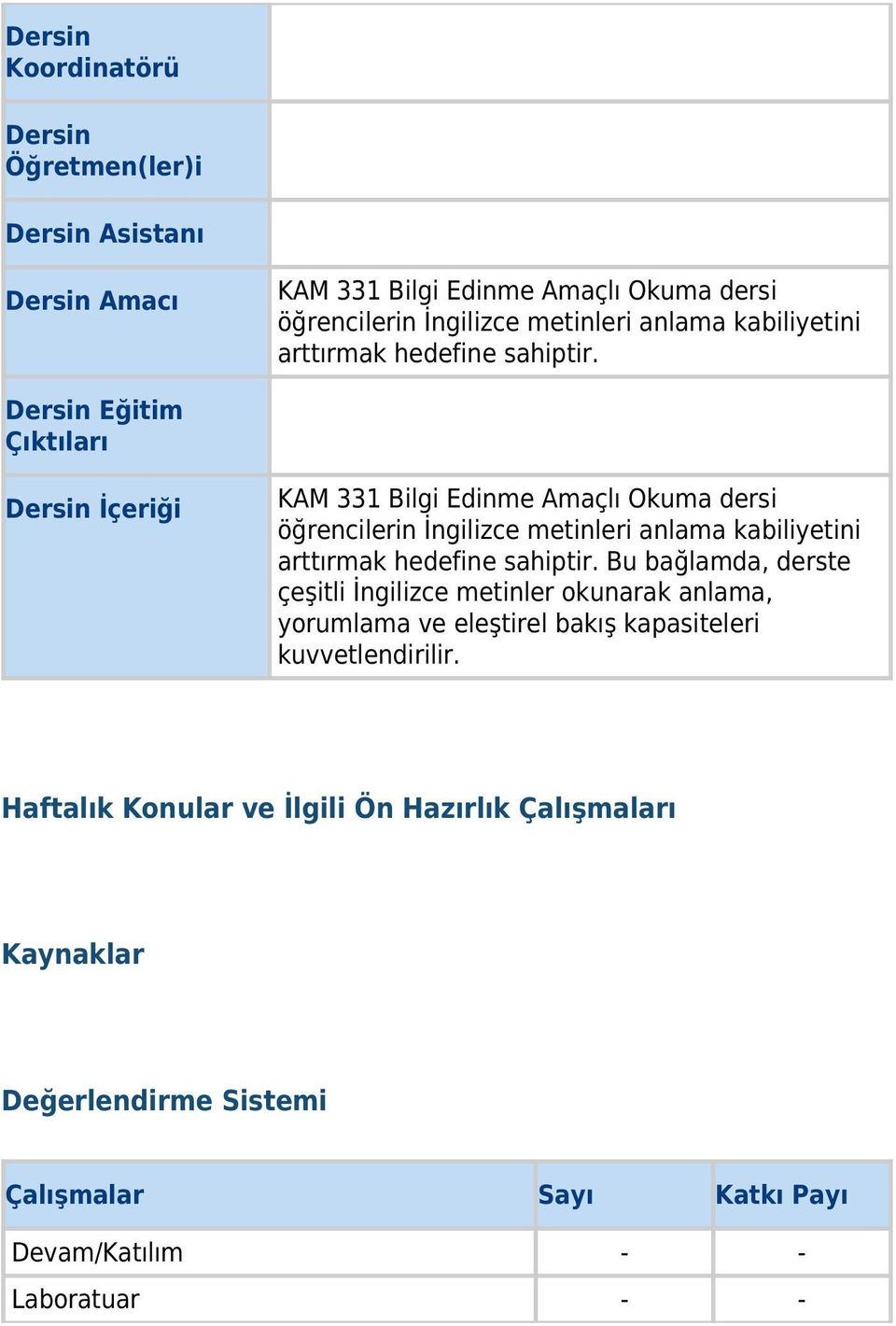 Dersin Eğitim Çıktıları Dersin İçeriği KAM 331 Bilgi Edinme Amaçlı Okuma dersi öğrencilerin İngilizce metinleri anlama  Bu bağlamda, derste çeşitli