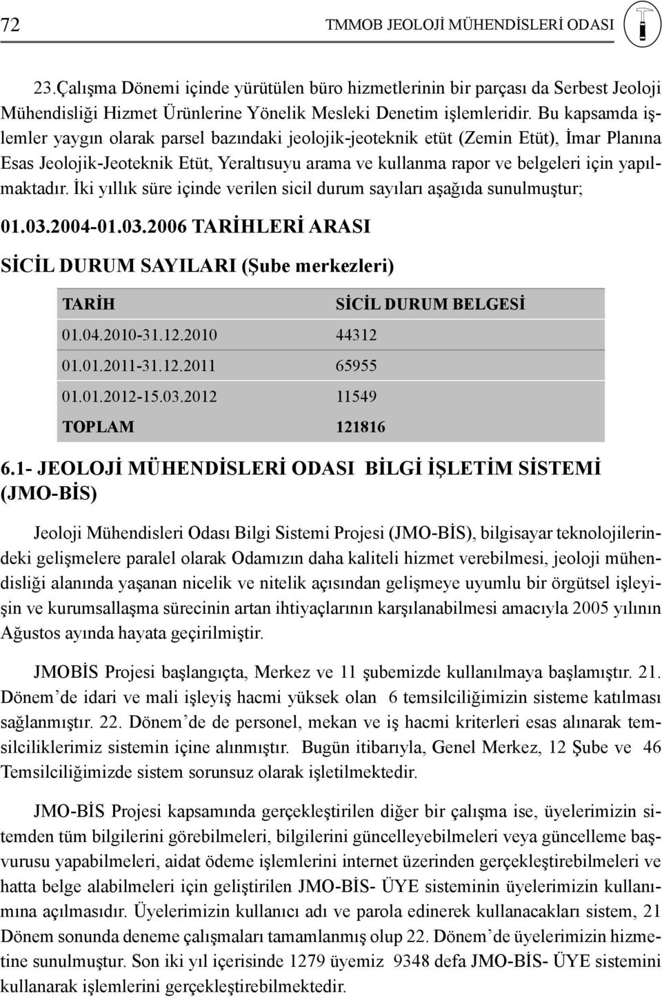 yapılmaktadır. İki yıllık süre içinde verilen sicil durum sayıları aşağıda sunulmuştur; 01.03.2004-01.03.2006 TARİHLERİ ARASI SİCİL DURUM SAYILARI (Şube merkezleri) TARİH 01.04.2010-31.12.