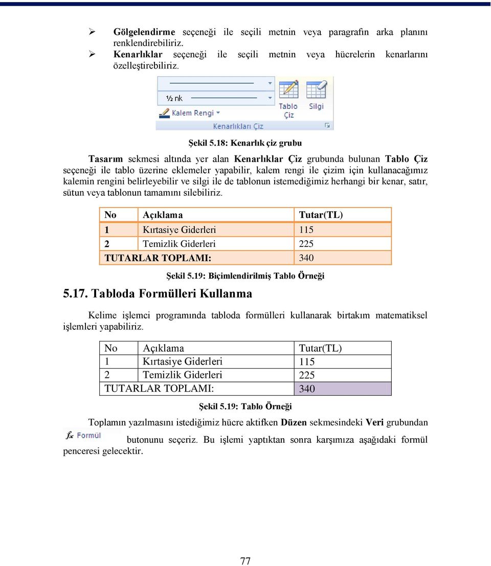 rengini belirleyebilir ve silgi ile de tablonun istemediğimiz herhangi bir kenar, satır, sütun veya tablonun tamamını silebiliriz.